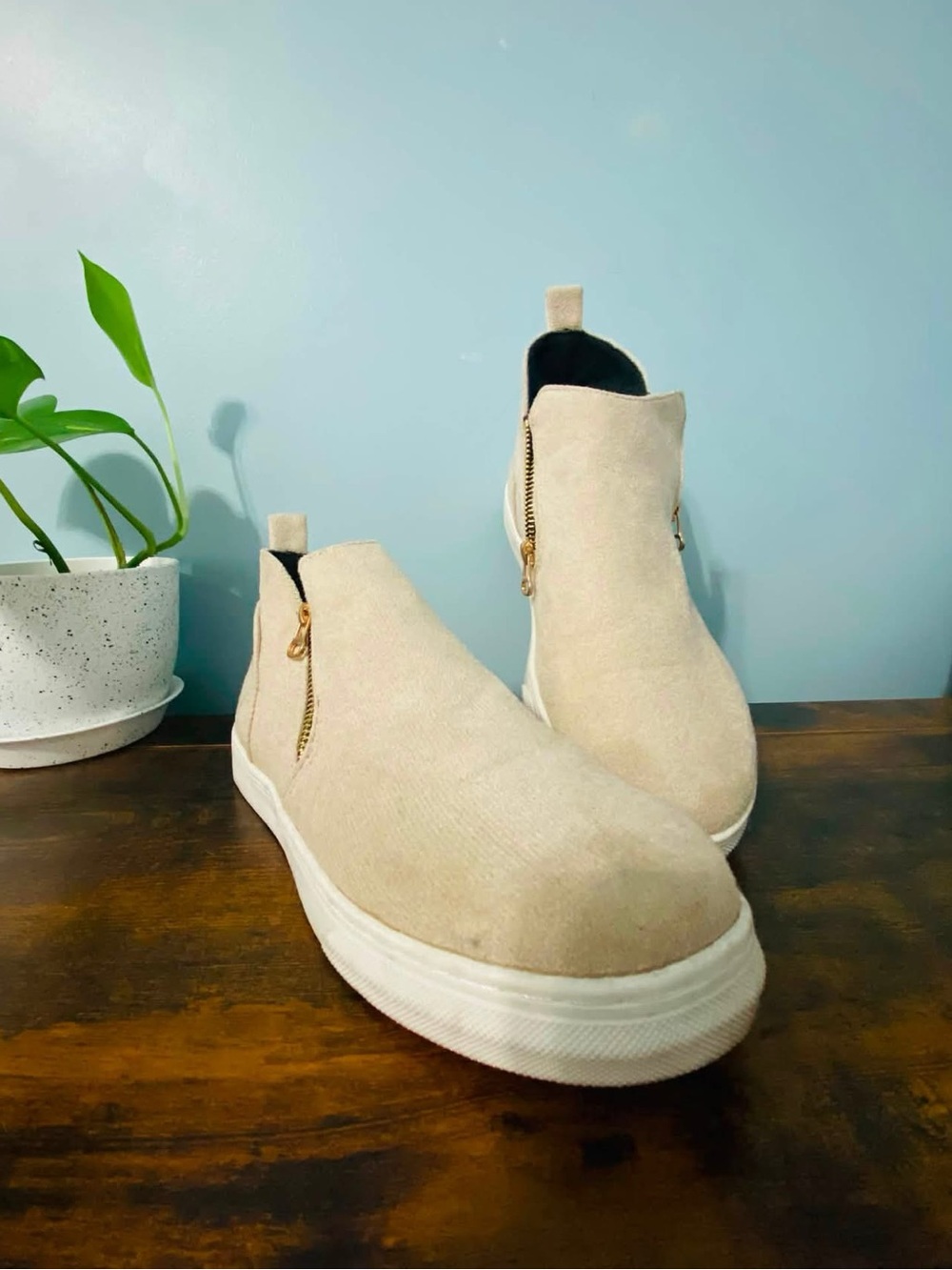 Cream Suede Sneaker Boots